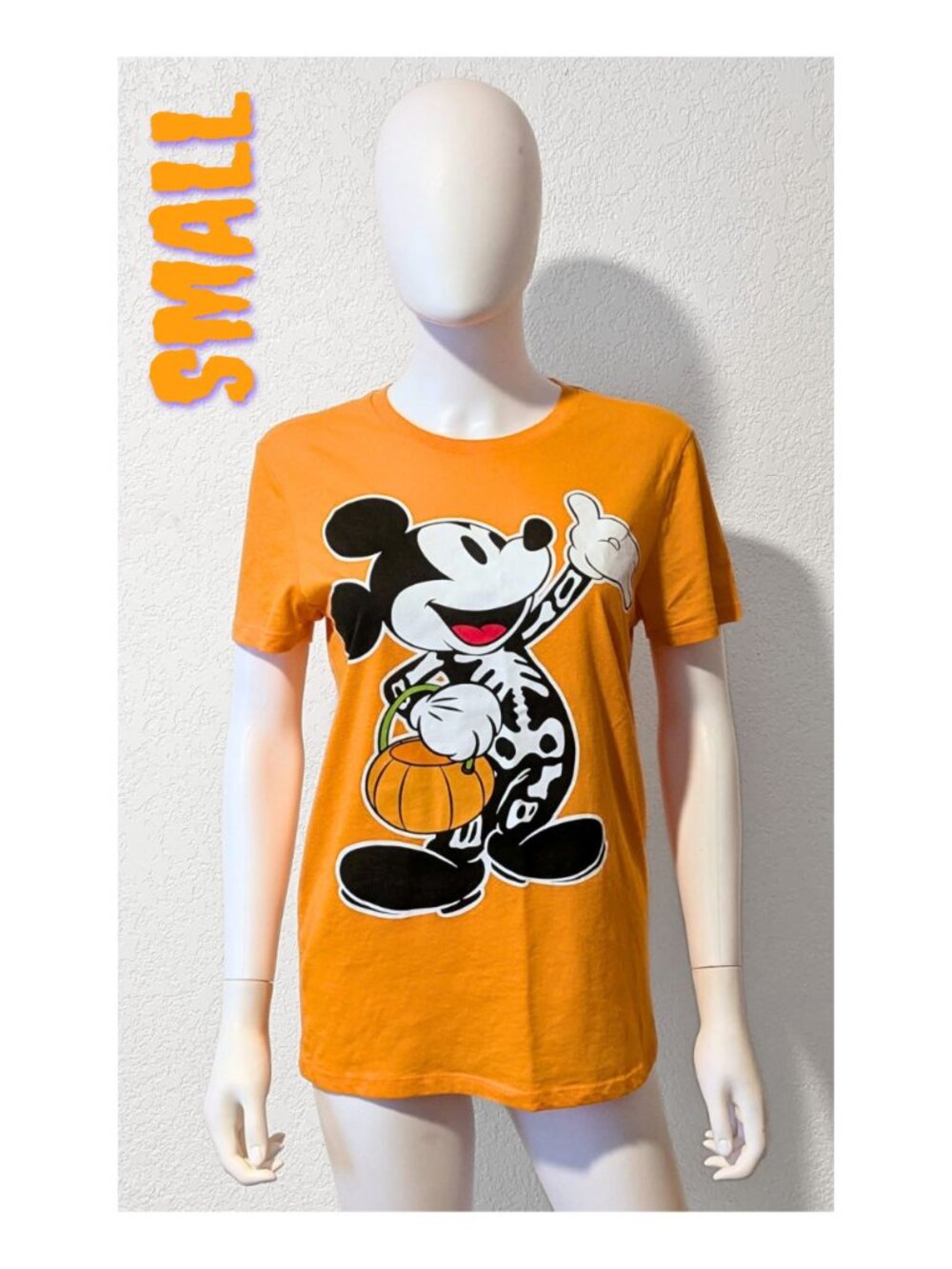 Disney Mickey Mouse Skeleton Pumpkin Halloween Orange Spooky Graphic T Shirt S